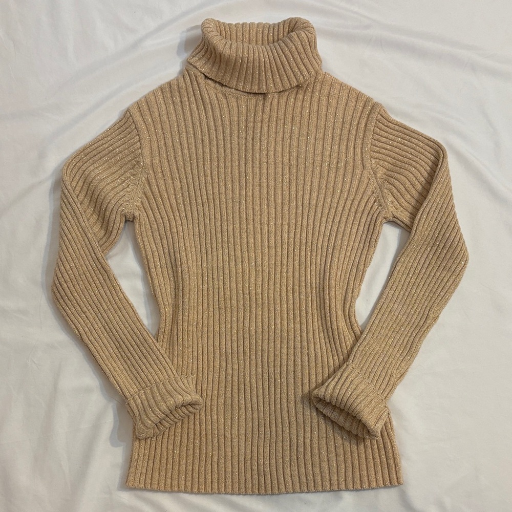 Vintage Cotton Metallic Ribbed Knit Turtleneck Sweater Shimmer Glitter Gold VTG